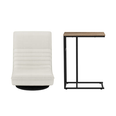Artiss Floor Lounge & Coffee Table Set, Swviel Foldable Linen Sofa Chair White, C-Shaped Side Table Walnut