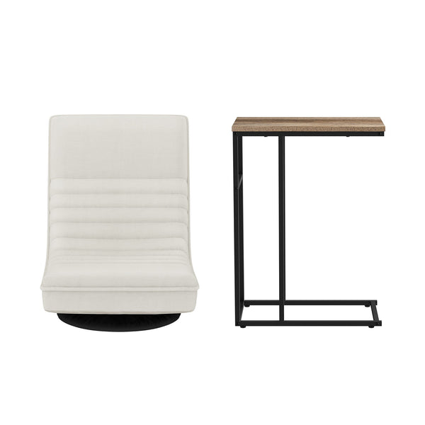 Artiss Floor Lounge & Coffee Table Set, Swviel Foldable Linen Sofa Chair White, C-Shaped Side Table Walnut Artiss