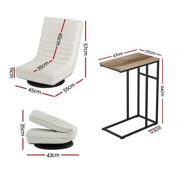 Artiss Floor Lounge & Coffee Table Set, Swviel Foldable Linen Sofa Chair White, C-Shaped Side Table Walnut Artiss