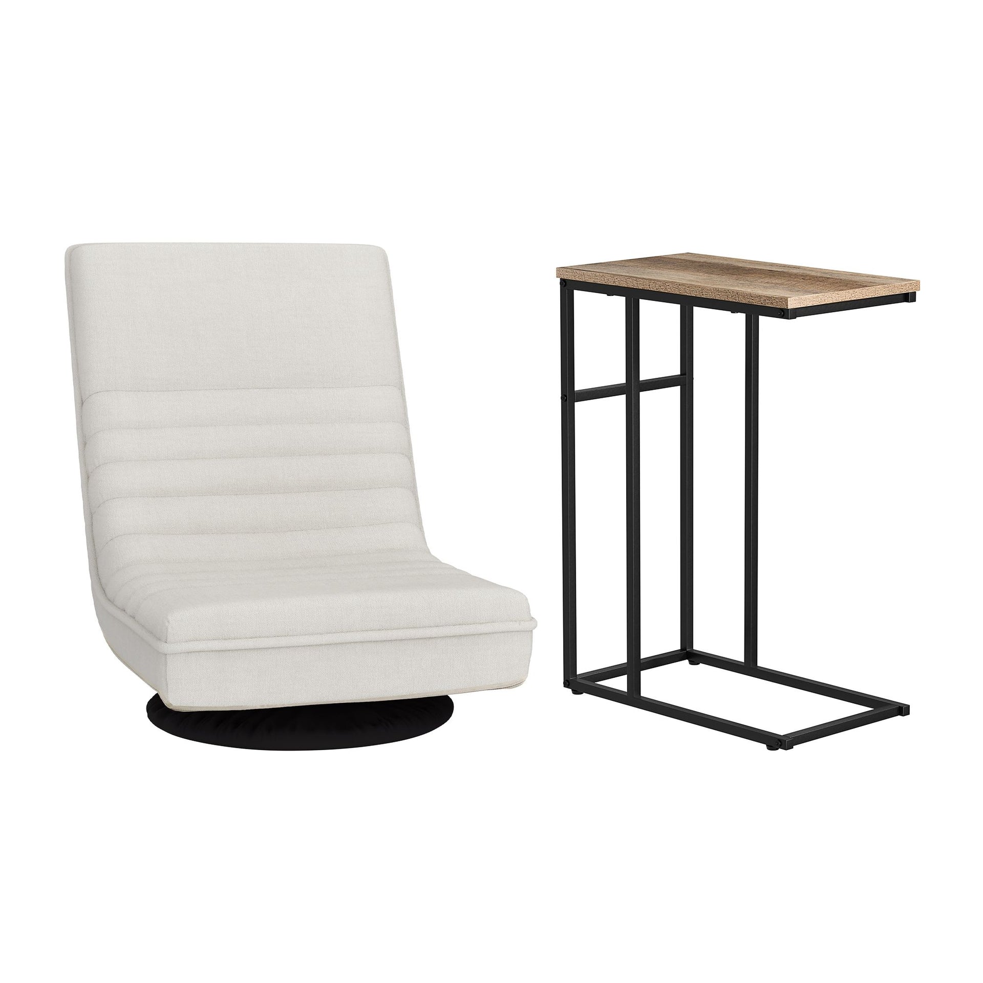Artiss Floor Lounge & Coffee Table Set, Swviel Foldable Linen Sofa Chair White, C-Shaped Side Table Walnut Artiss