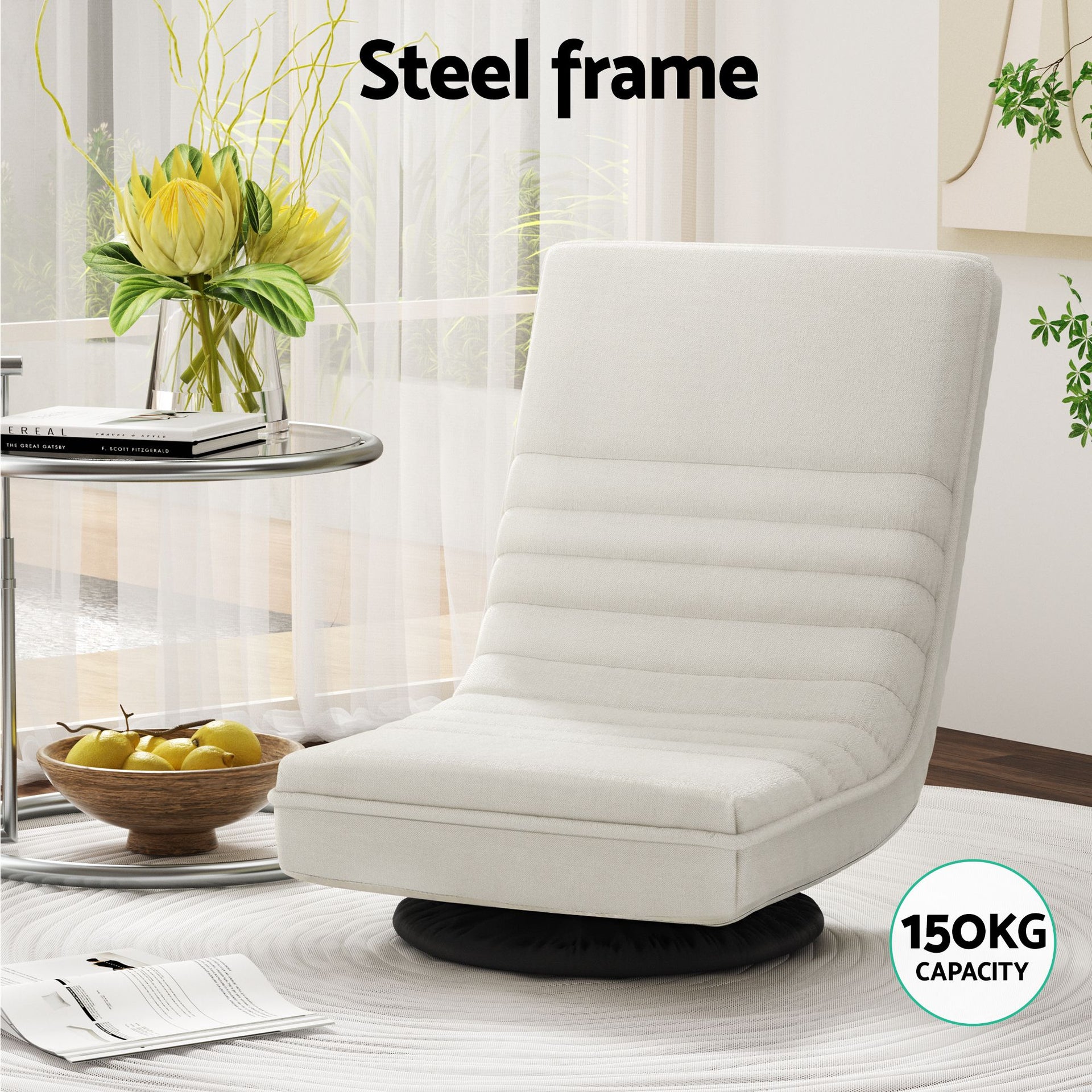 Artiss Floor Lounge & Coffee Table Set, Swviel Foldable Linen Sofa Chair White, C-Shaped Side Table Walnut Artiss