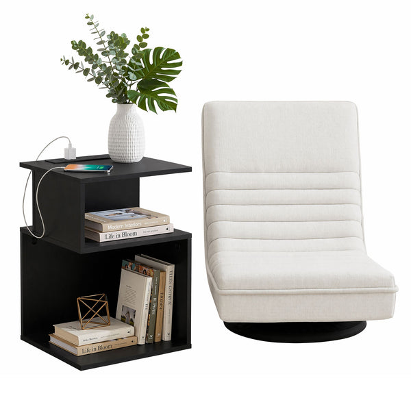 Artiss Swivel Floor Chair and Bedside Table with Charging Station Set Artiss