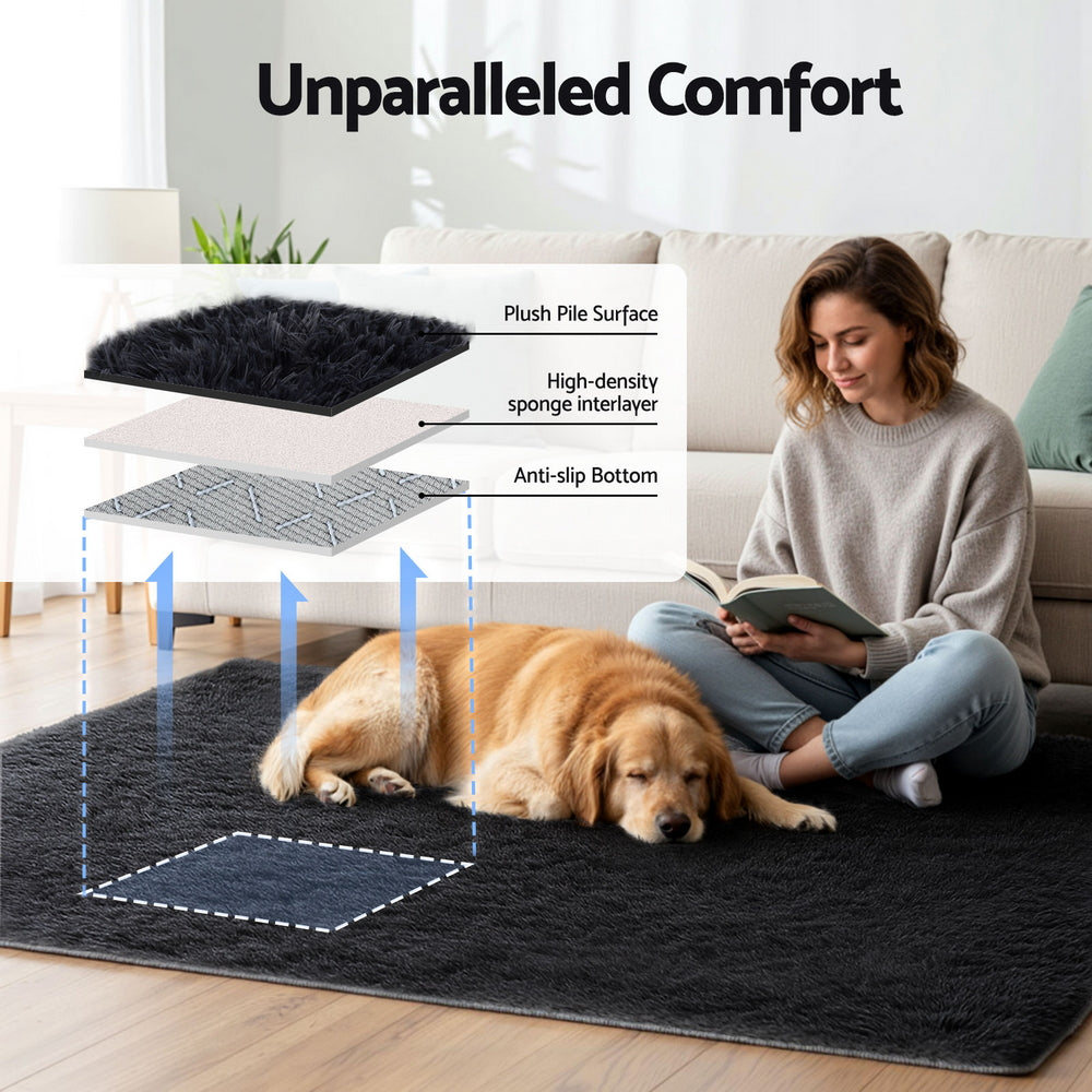 Artiss Floor Rug 140x200cm Plush Area Shaggy Rug Living Room Bedroom Carpet Black Awezingly