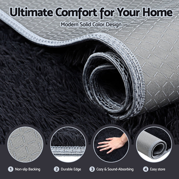 Artiss Floor Rug 140x200cm Plush Area Shaggy Rug Living Room Bedroom Carpet Black Awezingly