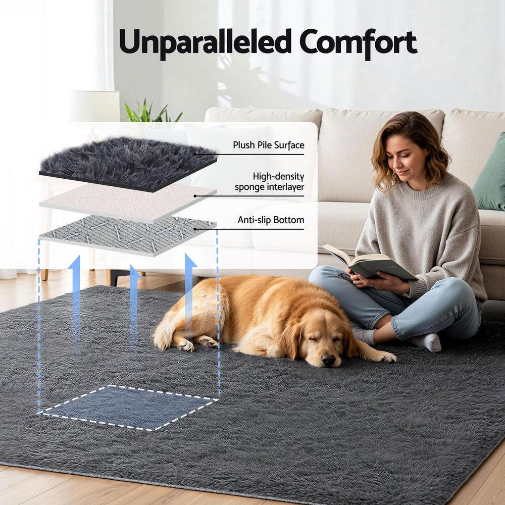 Artiss Floor Rug 200x230cm Plush Area Shaggy Rug Living Room Bedroom Carpet Grey Awezingly