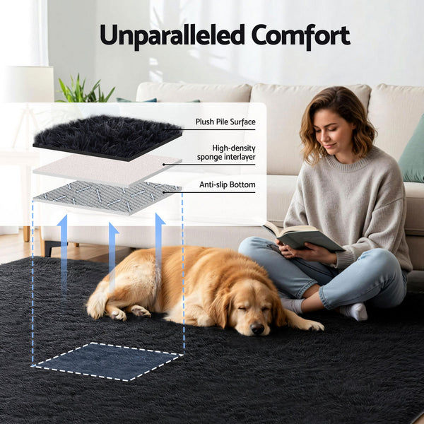 Artiss Floor Rug 200x290cm Plush Area Shaggy Rug Living Room Bedroom Carpet Black Awezingly