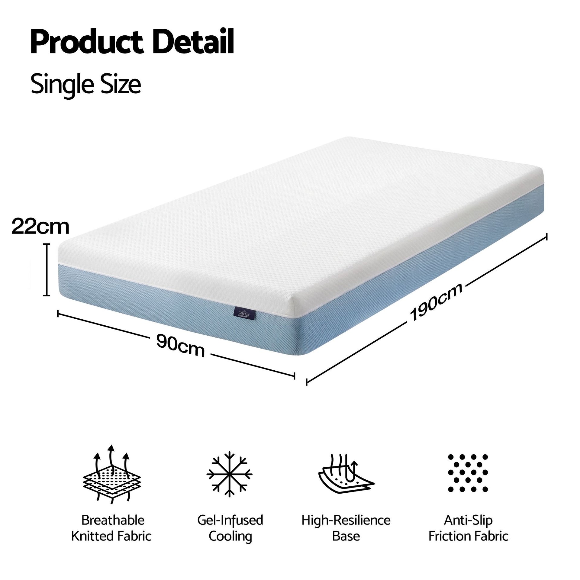 Giselle 22cm Cooling Gel Memory Foam Mattress Single Medium Firm Giselle Bedding
