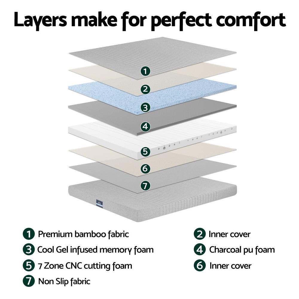 Giselle Bedding Cool Gel Memory Foam Mattress Charcoal 7-Zone Washable Bamboo Cover 15cm Double Awezingly