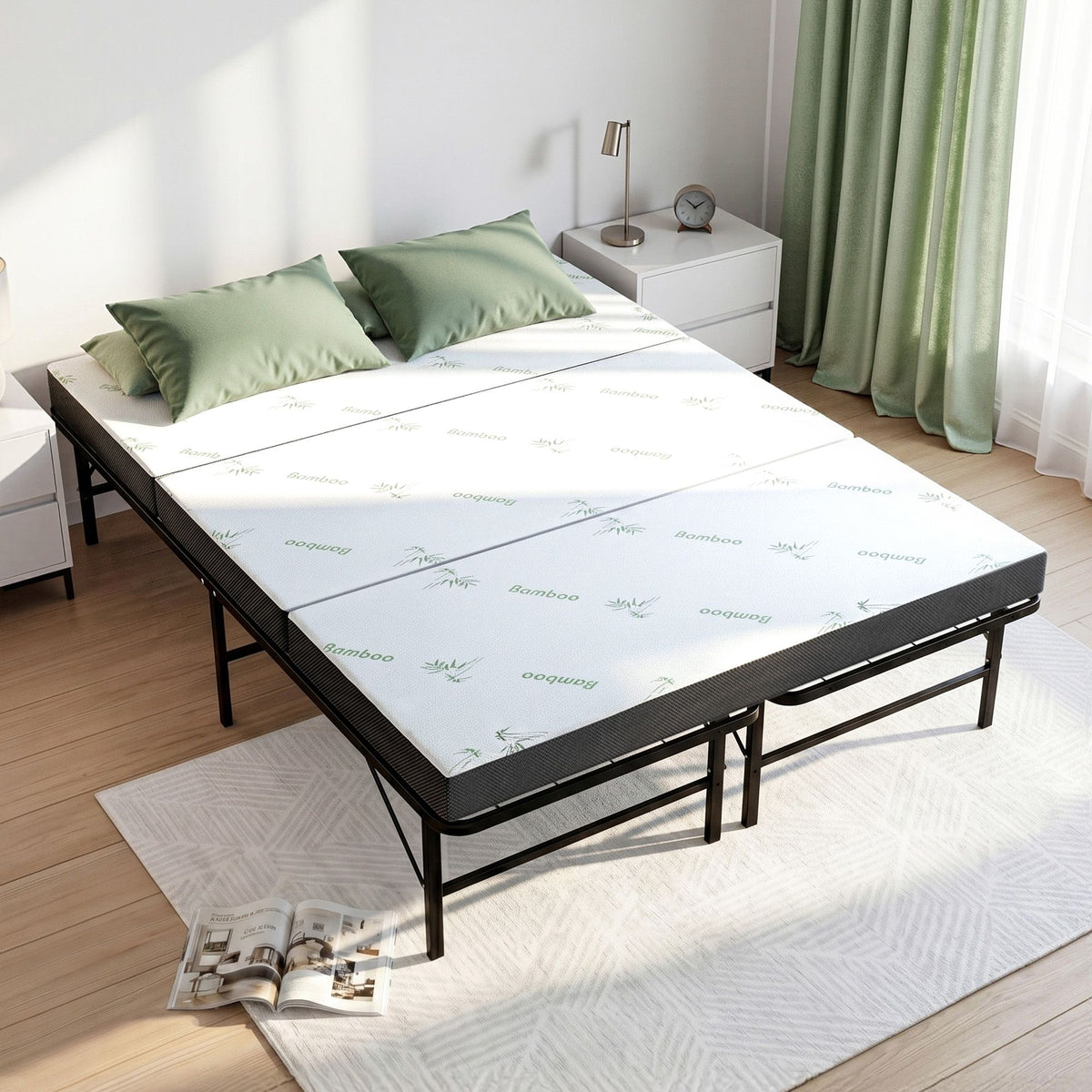 Giselle Folding Bed with Mattress Double Portable Foldable Guest Bed Bamboo Cover Awezingly