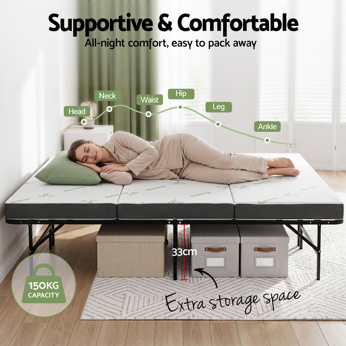 Giselle Folding Bed with Mattress Double Portable Foldable Guest Bed Bamboo Cover Awezingly