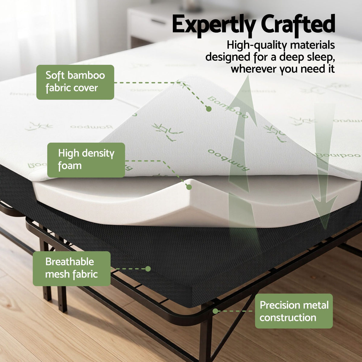 Giselle Folding Bed with Mattress Double Portable Foldable Guest Bed Bamboo Cover Awezingly