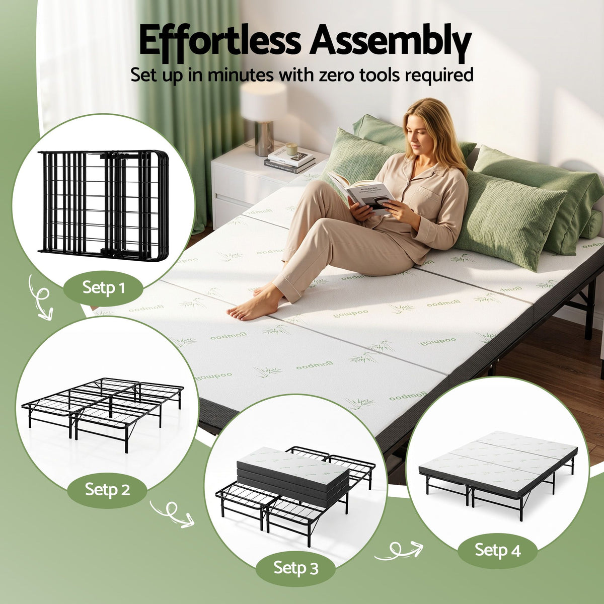 Giselle Folding Bed with Mattress Double Portable Foldable Guest Bed Bamboo Cover Awezingly