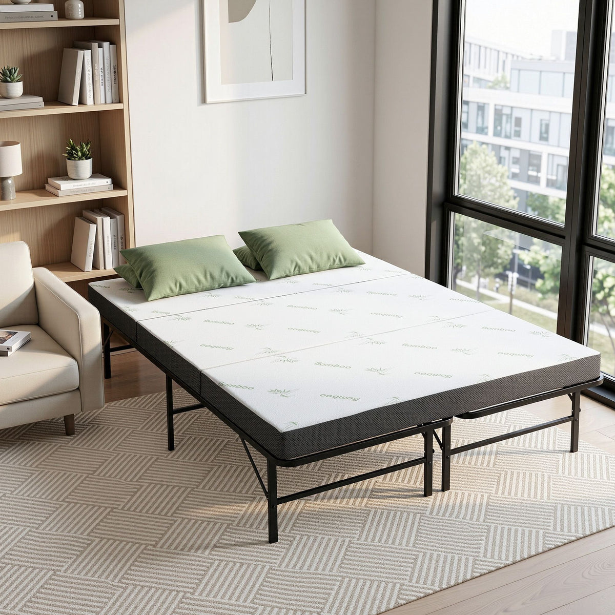 Giselle Folding Bed with Mattress Double Portable Foldable Guest Bed Bamboo Cover Awezingly