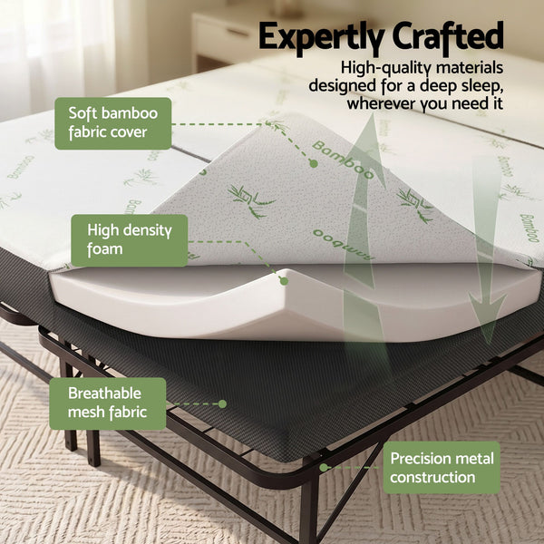 Giselle Folding Bed with Mattress Queen Portable Foldable Guest Bed Bamboo Cover Awezingly