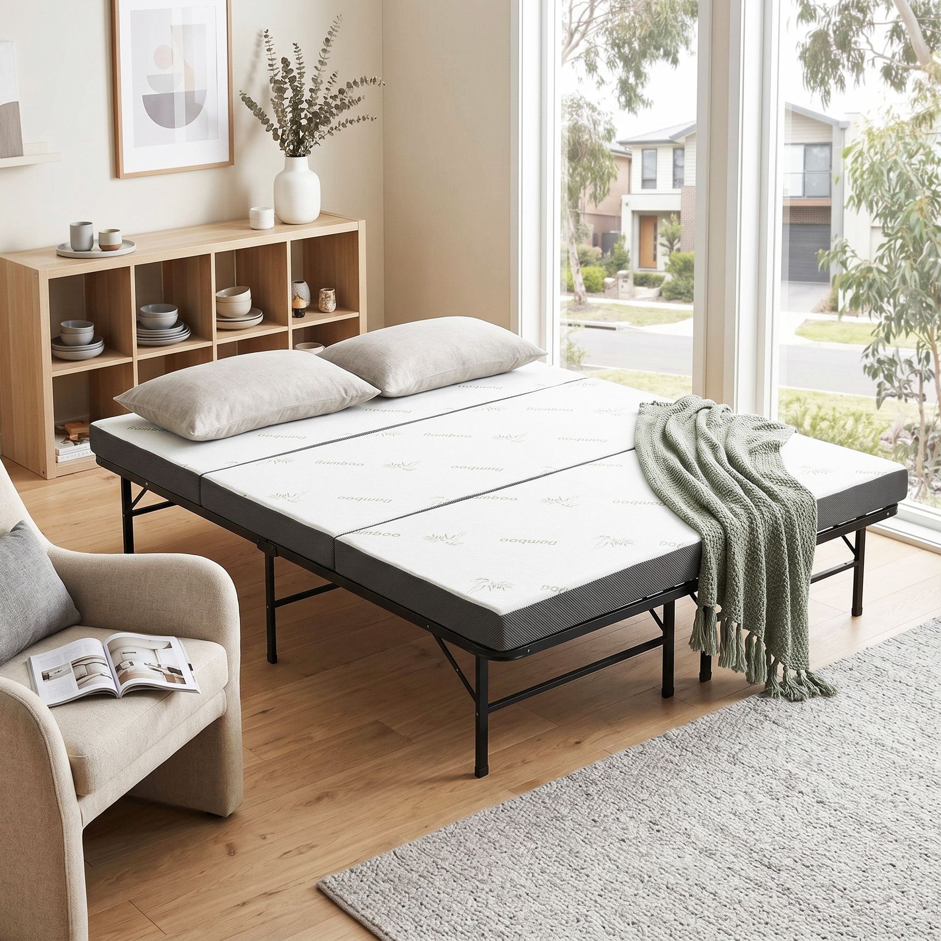 Giselle Folding Bed with Mattress Queen Portable Foldable Guest Bed Bamboo Cover Awezingly