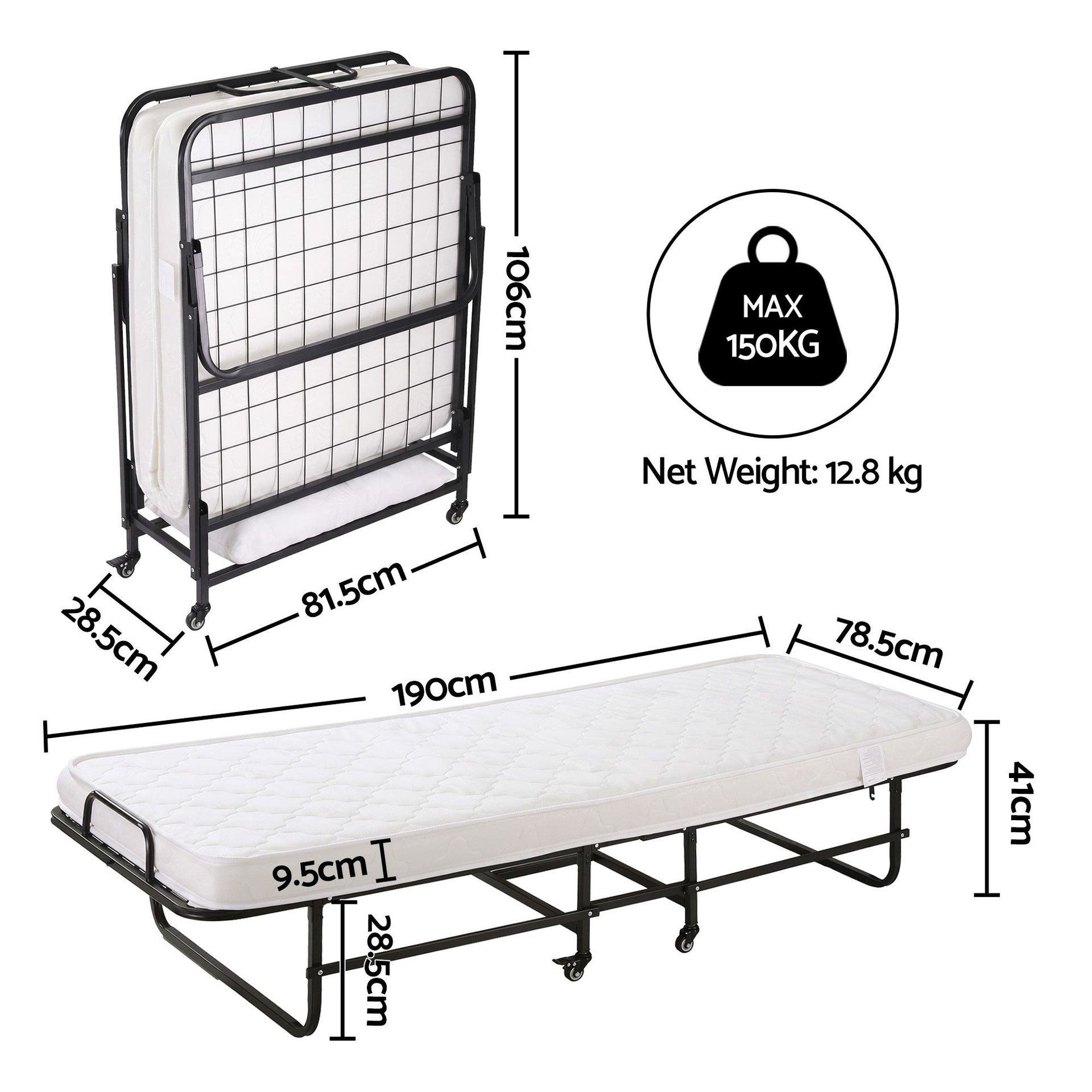 ARTISS Folding Bed with Mattress, Portable Rollaway 150kg Capacity 190CM Artiss