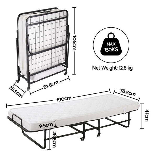 ARTISS Folding Bed with Mattress, Portable Rollaway 150kg Capacity 190CM Artiss