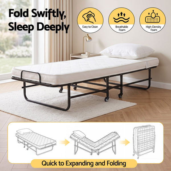 ARTISS Folding Bed with Mattress, Portable Rollaway 150kg Capacity 190CM Artiss