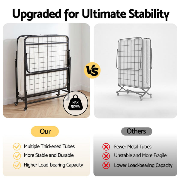 ARTISS Folding Bed with Mattress, Portable Rollaway 150kg Capacity 190CM Artiss