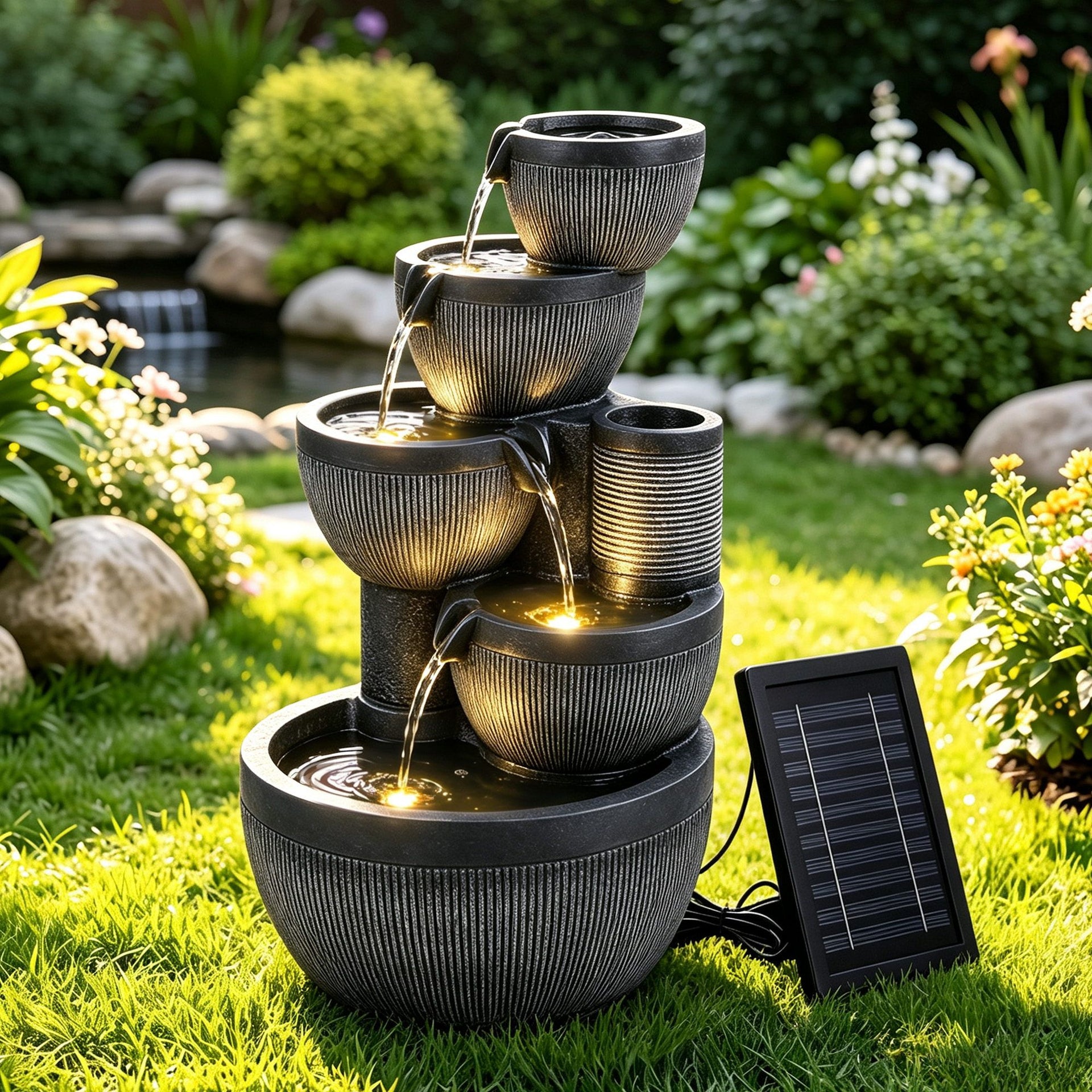 Gardeon Solar Fountain Water Feature 5-Tier Cascading Bowl Grey 51cm Awezingly