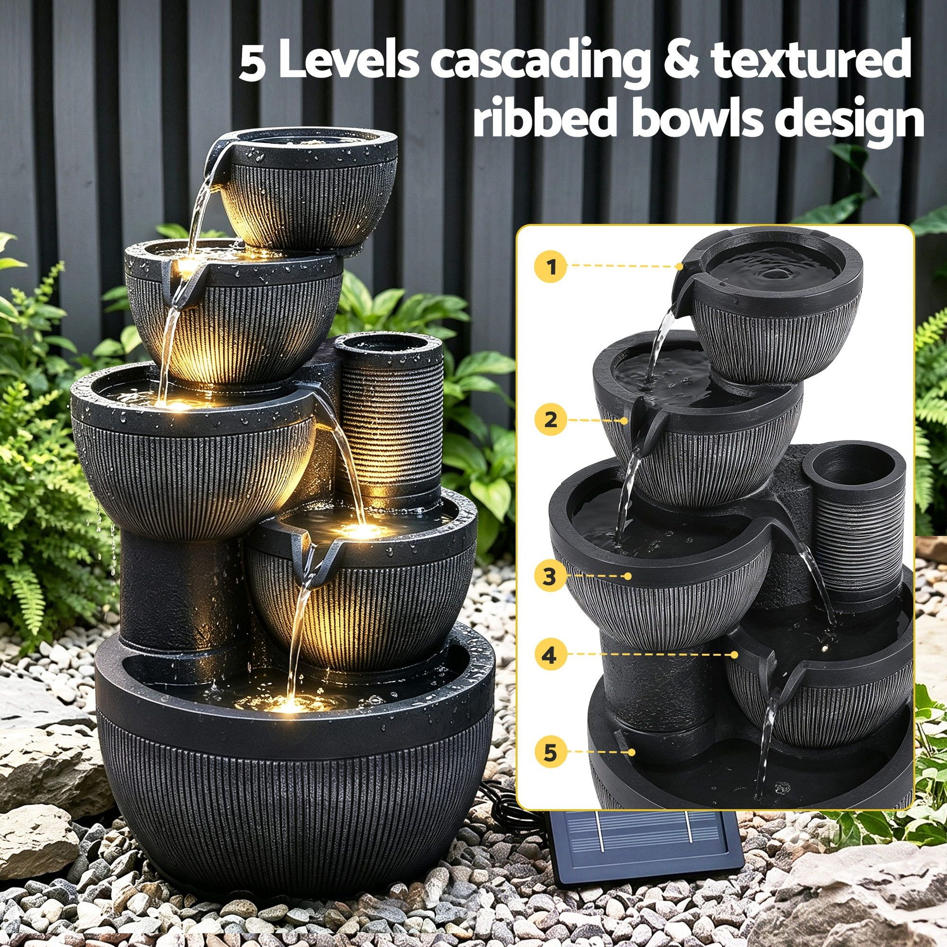 Gardeon Solar Fountain Water Feature 5-Tier Cascading Bowl Grey 51cm Awezingly
