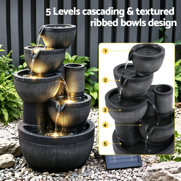 Gardeon Solar Fountain Water Feature 5-Tier Cascading Bowl Grey 51cm Awezingly