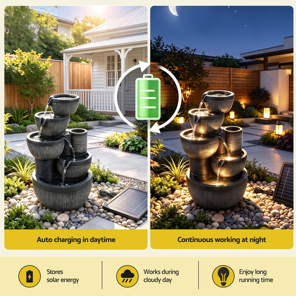Gardeon Solar Fountain Water Feature 5-Tier Cascading Bowl Grey 51cm Awezingly