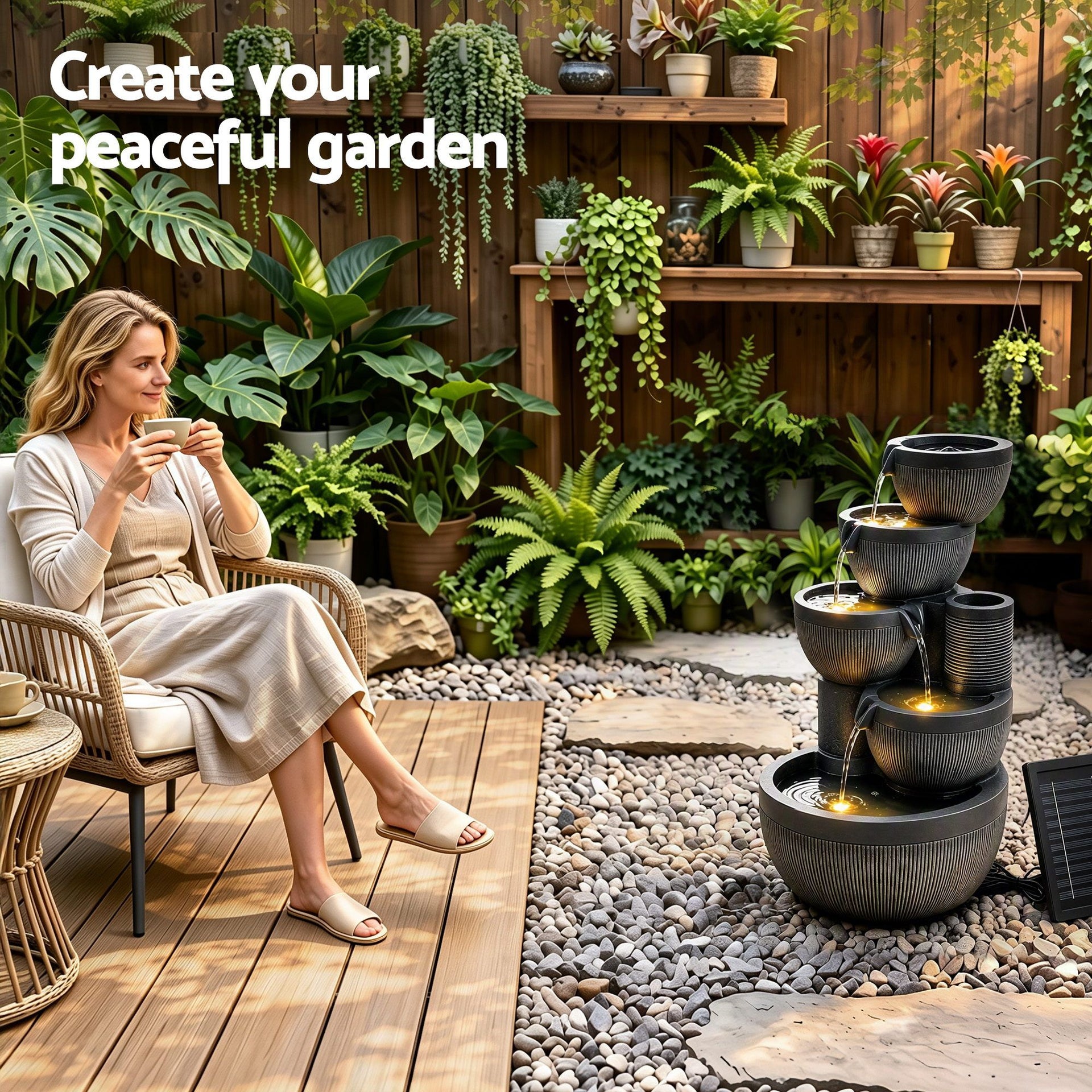 Gardeon Solar Fountain Water Feature 5-Tier Cascading Bowl Grey 51cm Awezingly