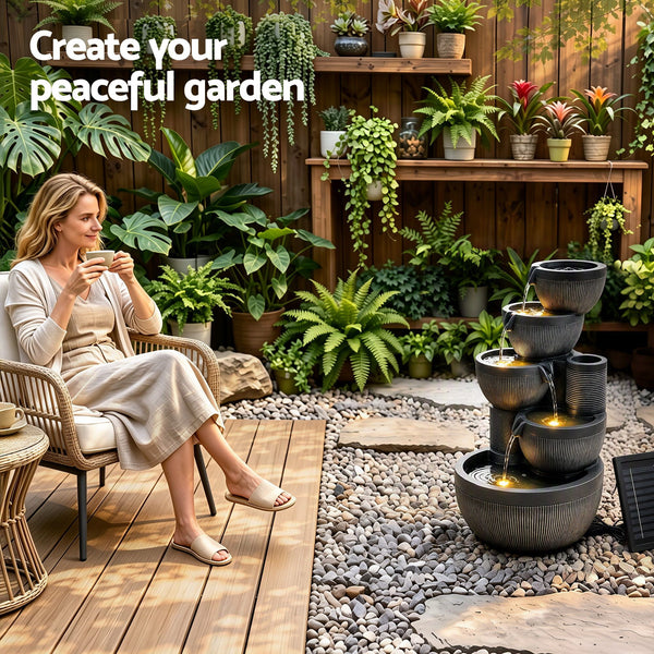 Gardeon Solar Fountain Water Feature 5-Tier Cascading Bowl Grey 51cm Awezingly