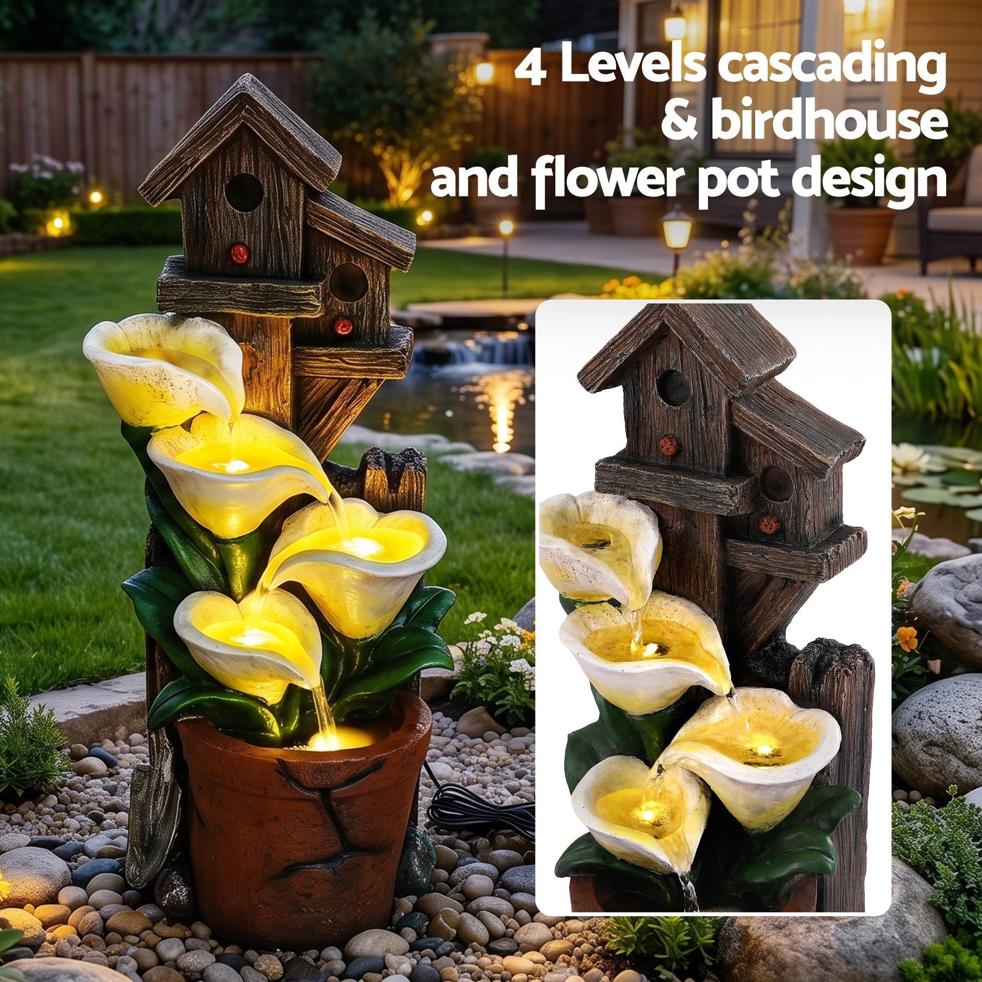 Gardeon Solar Fountains Water Features 4-Tier Cascading Flower Bowls 55cm Awezingly