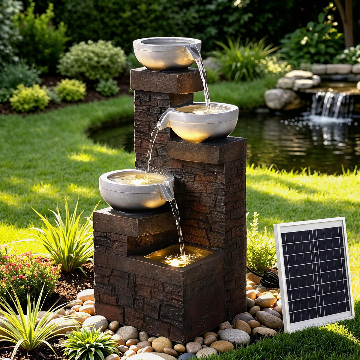Gardeon Solar Fountain 4 Levels Cascading Bowl Water Feature 75cm Brown Awezingly