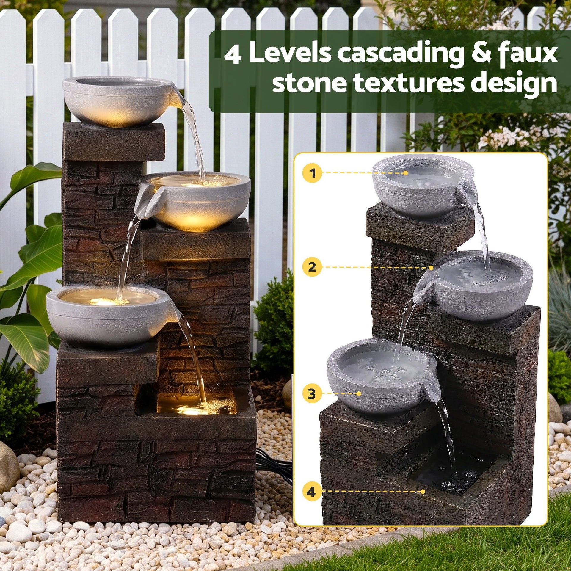 Gardeon Solar Fountain 4 Levels Cascading Bowl Water Feature 75cm Brown Awezingly