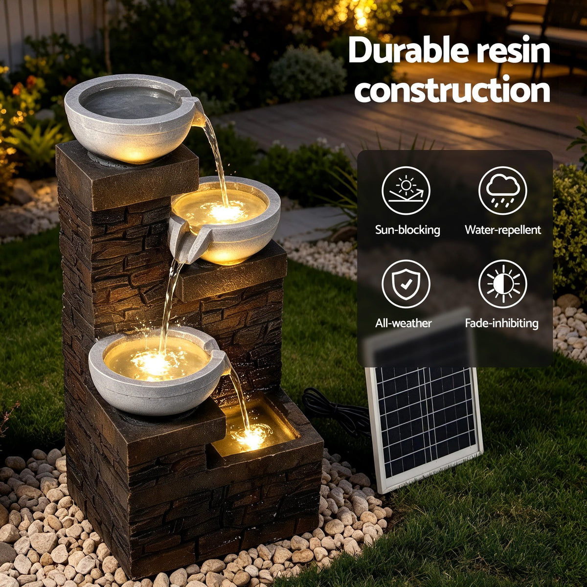 Gardeon Solar Fountain 4 Levels Cascading Bowl Water Feature 75cm Brown Awezingly