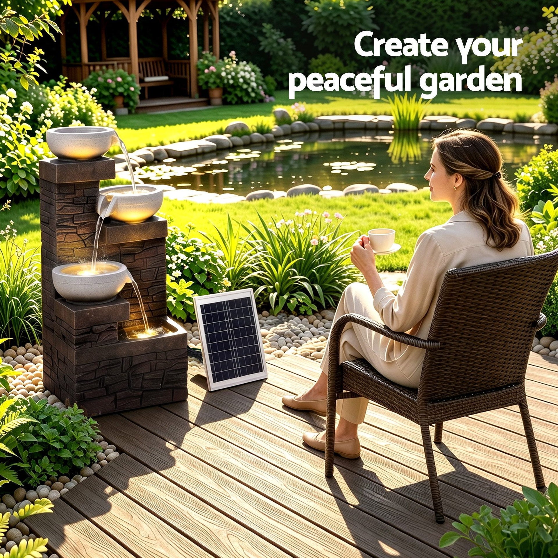 Gardeon Solar Fountain 4 Levels Cascading Bowl Water Feature 75cm Brown Awezingly