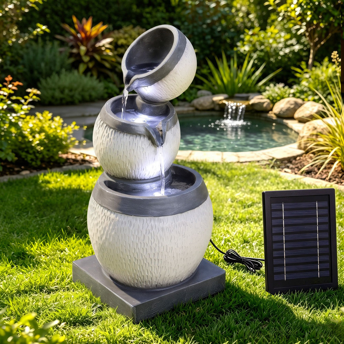 Gardeon Solar Fountain 3 Levels Cascading Bowl Water Feature 52cm Grey Awezingly