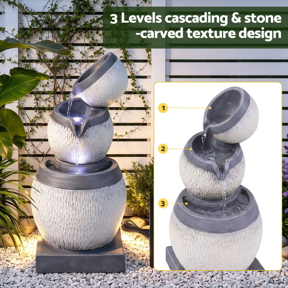 Gardeon Solar Fountain 3 Levels Cascading Bowl Water Feature 52cm Grey Awezingly