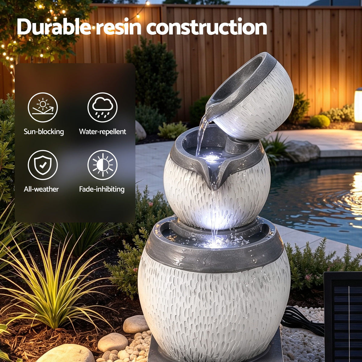 Gardeon Solar Fountain 3 Levels Cascading Bowl Water Feature 52cm Grey Awezingly