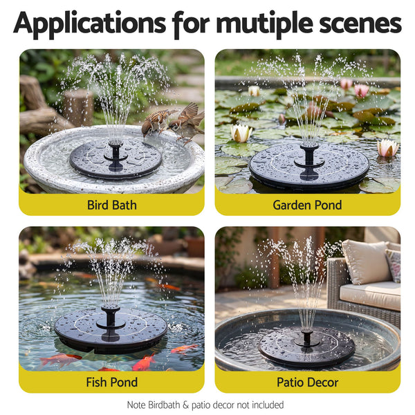 Gardeon Solar Fountain Pump Bird Bath Water Feature 17cm 165L/h Flow Black Awezingly