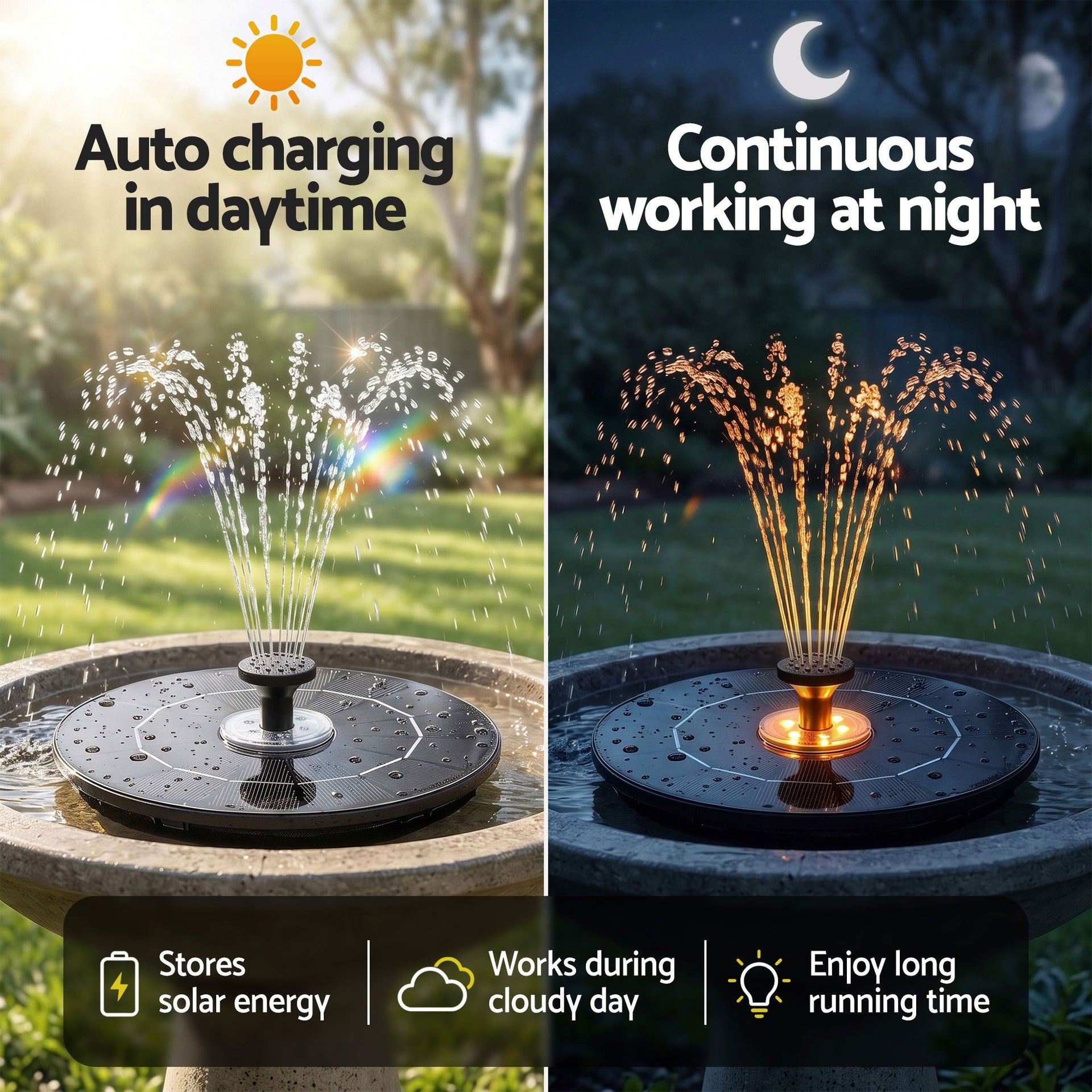 Gardeon Solar Fountain Pump Bird Bath LED Lights 165 L/h Flow 17cm Black Awezingly