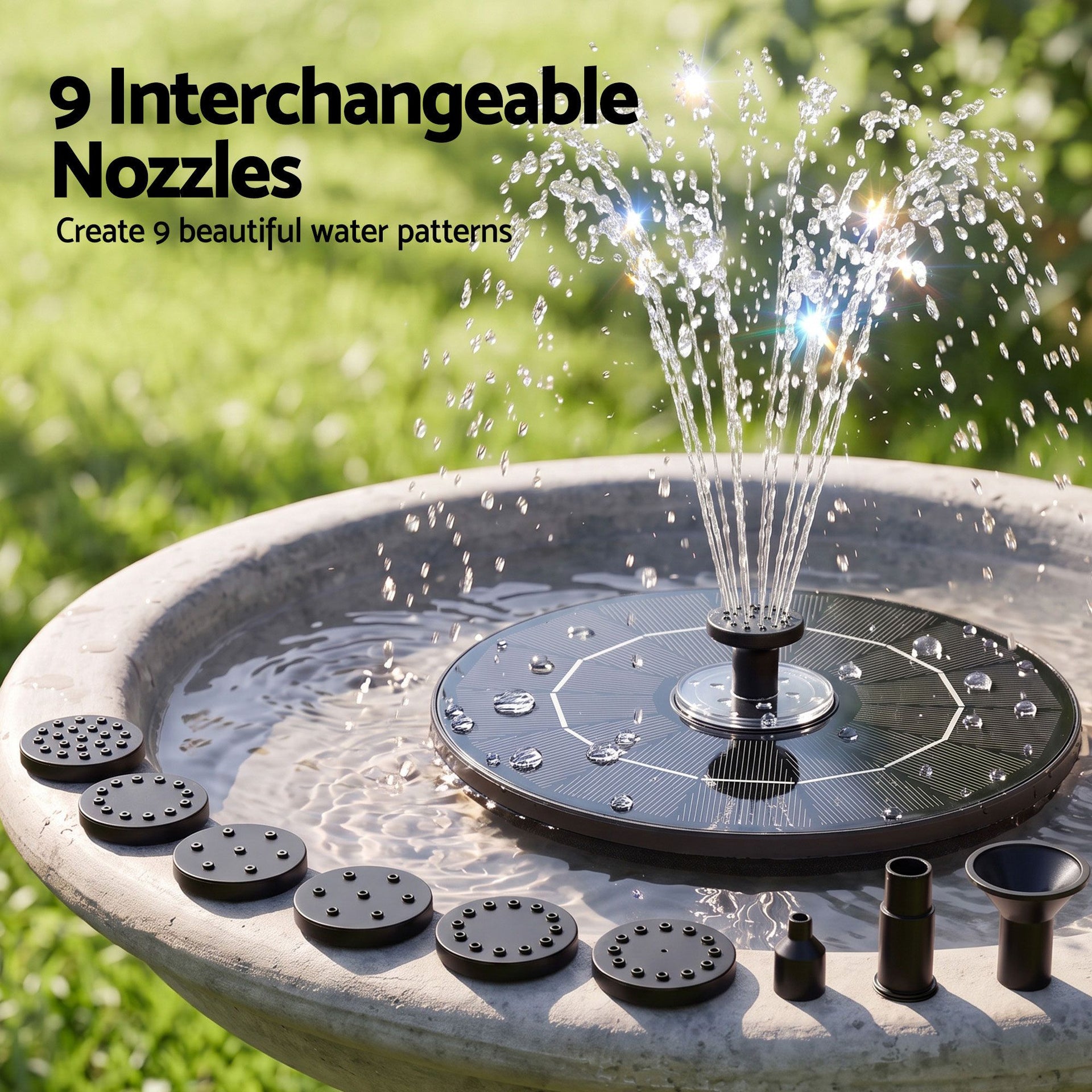 Gardeon Solar Fountain Pump Bird Bath LED Lights 165 L/h Flow 17cm Black Awezingly