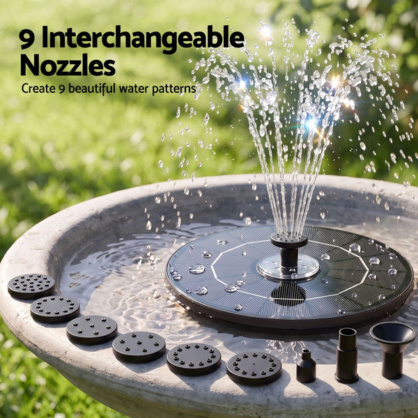 Gardeon Solar Fountain Pump Bird Bath LED Lights 165 L/h Flow 17cm Black Awezingly