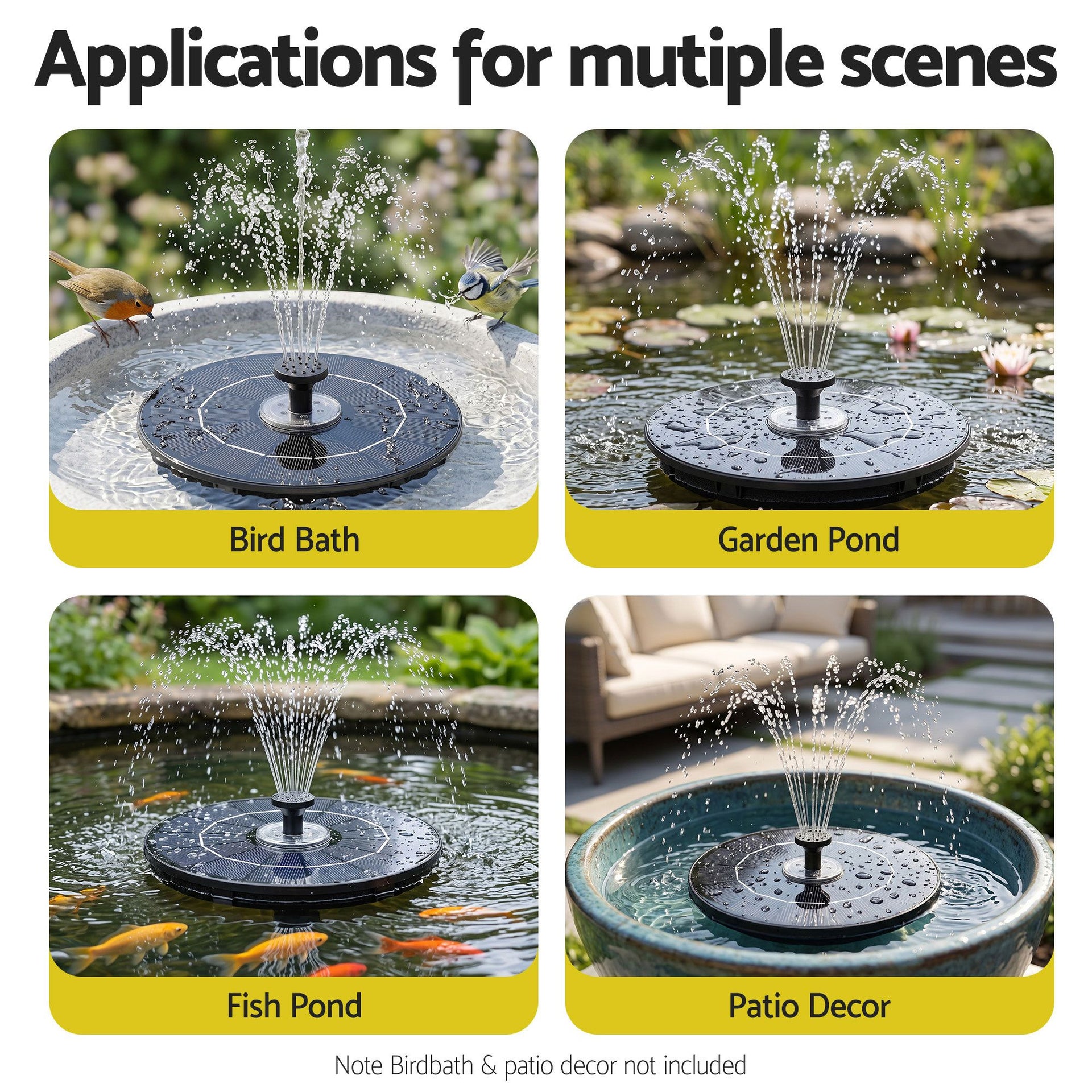 Gardeon Solar Fountain Pump Bird Bath LED Lights 165 L/h Flow 17cm Black Awezingly