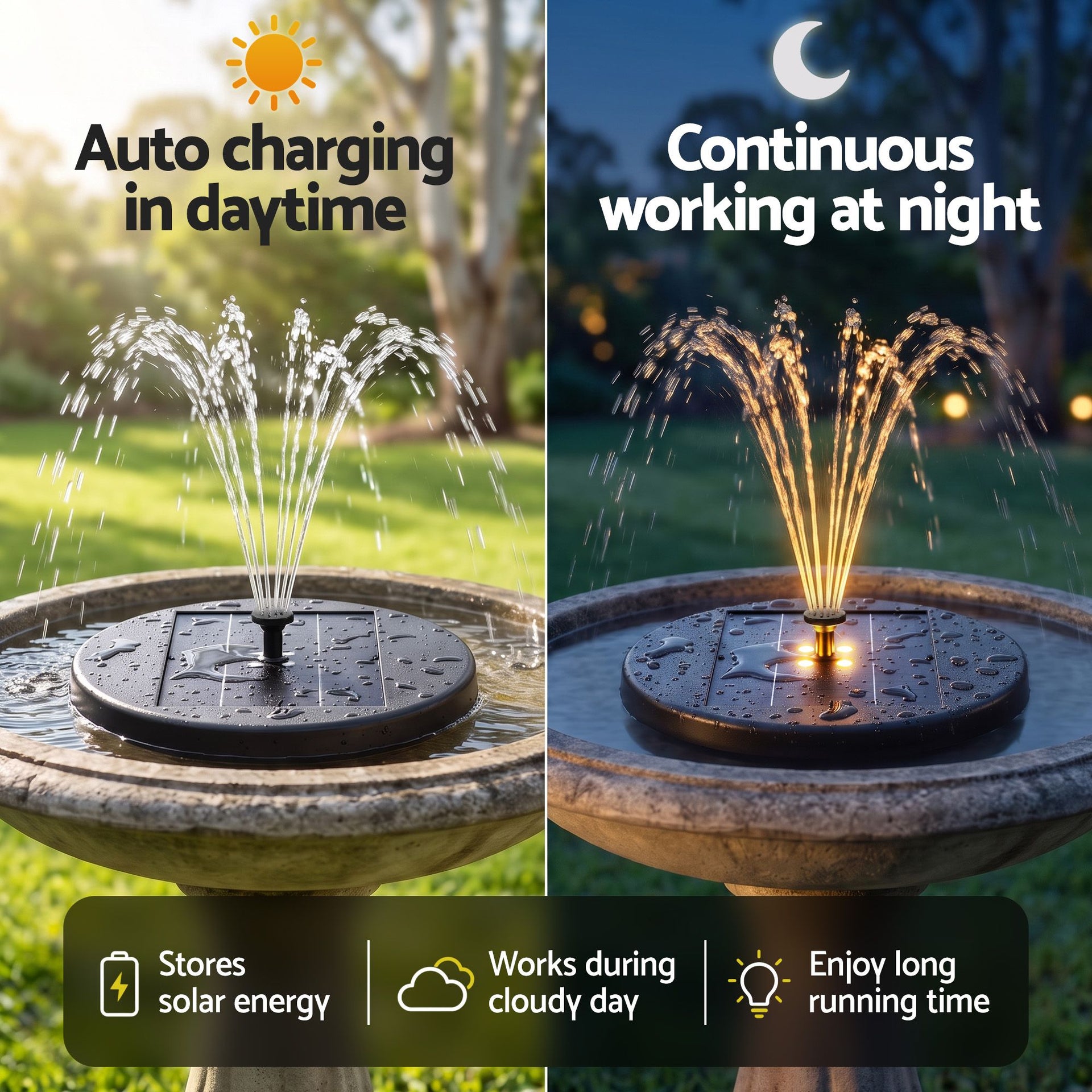 Gardeon Solar Fountain Pumps Bird Bath Battery Backup LED Remote Black 27cm Awezingly