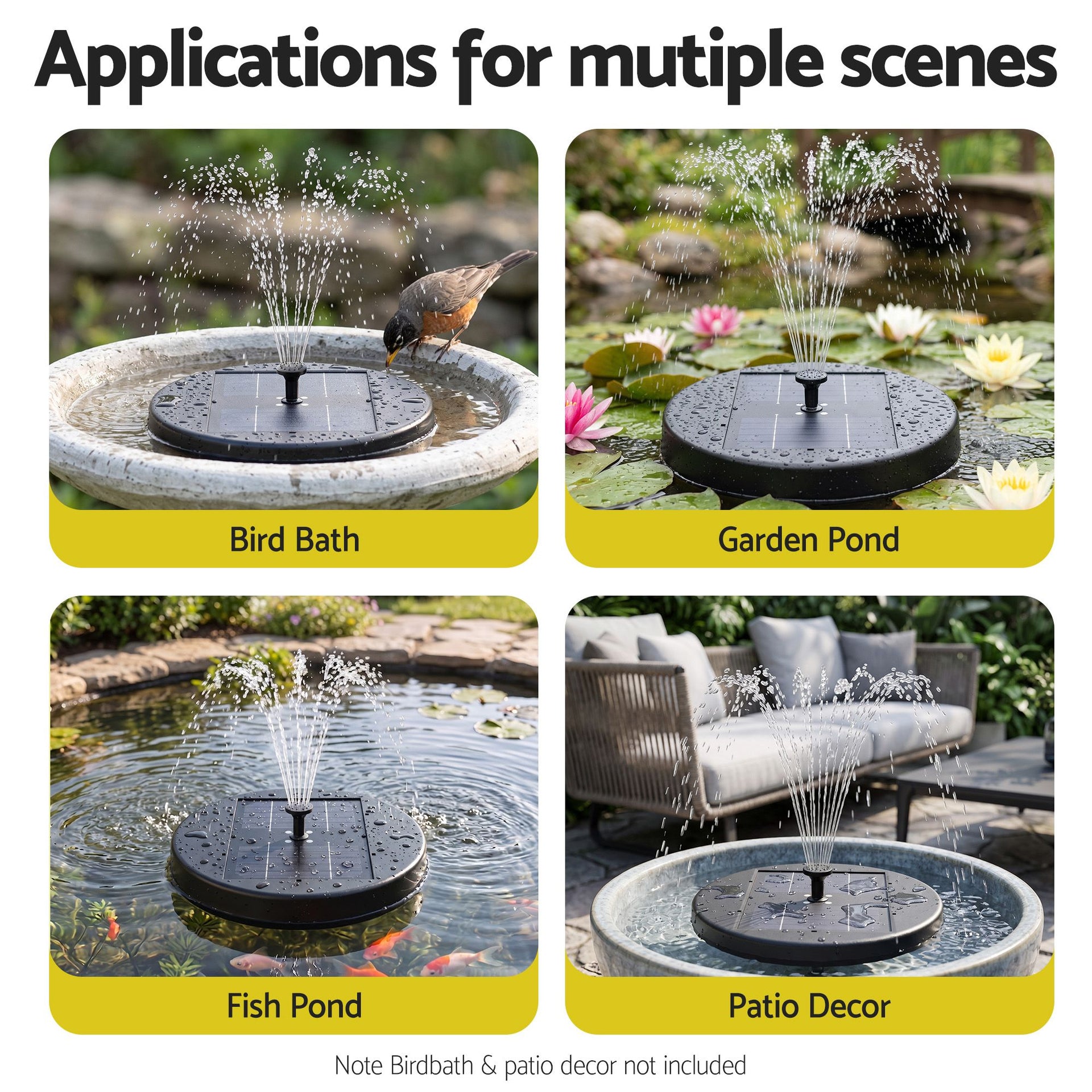 Gardeon Solar Fountain Pumps Bird Bath Battery Backup LED Remote Black 27cm Awezingly