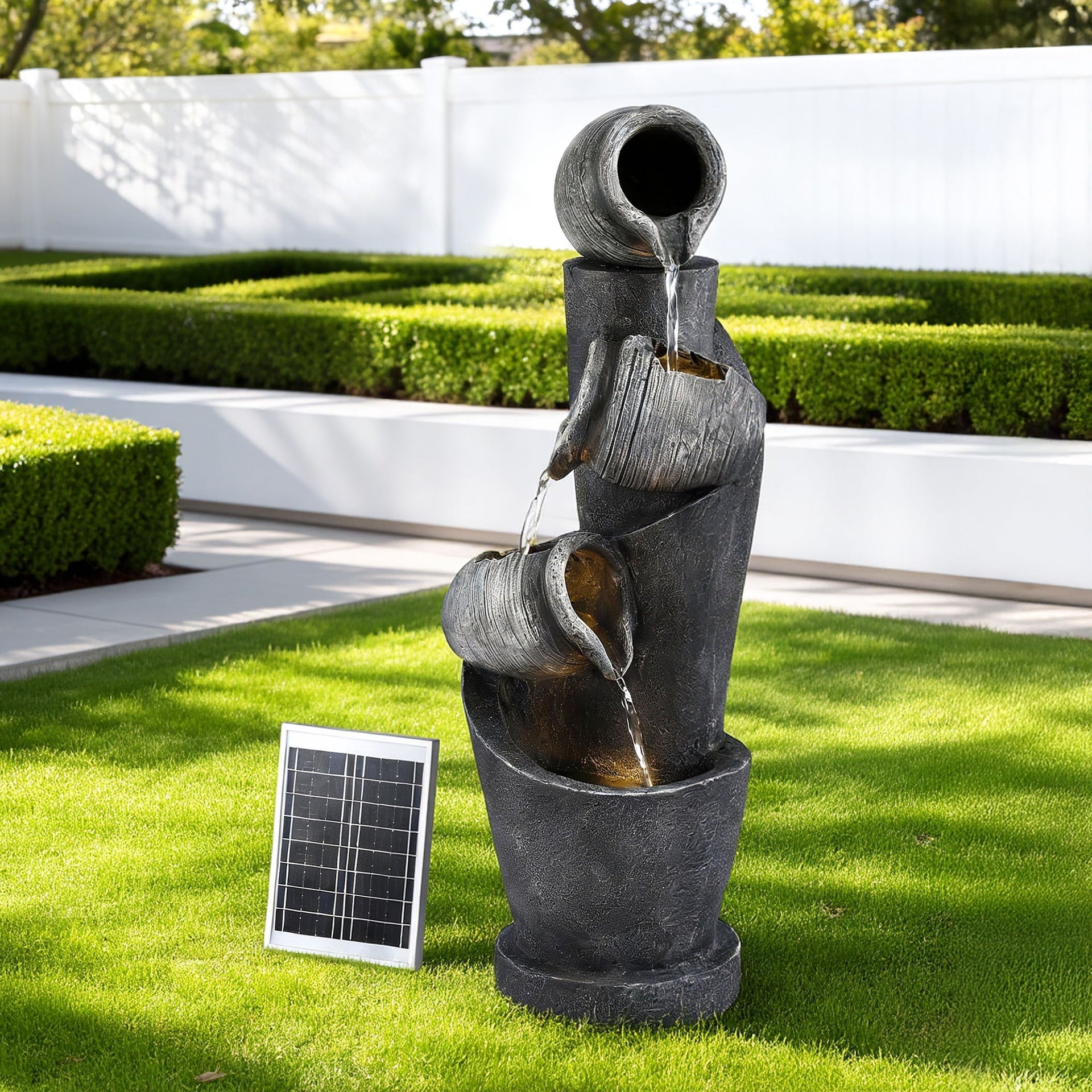Gardeon Solar Fountain Water Feature Cascading Fountain 3-Tier Pot LED Lights 80CM Grey Awezingly