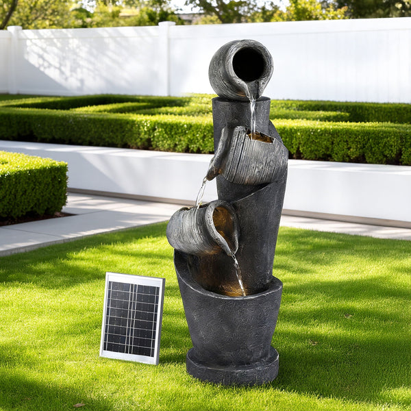 Gardeon Solar Fountain Water Feature Cascading Fountain 3-Tier Pot LED Lights 80CM Grey Awezingly