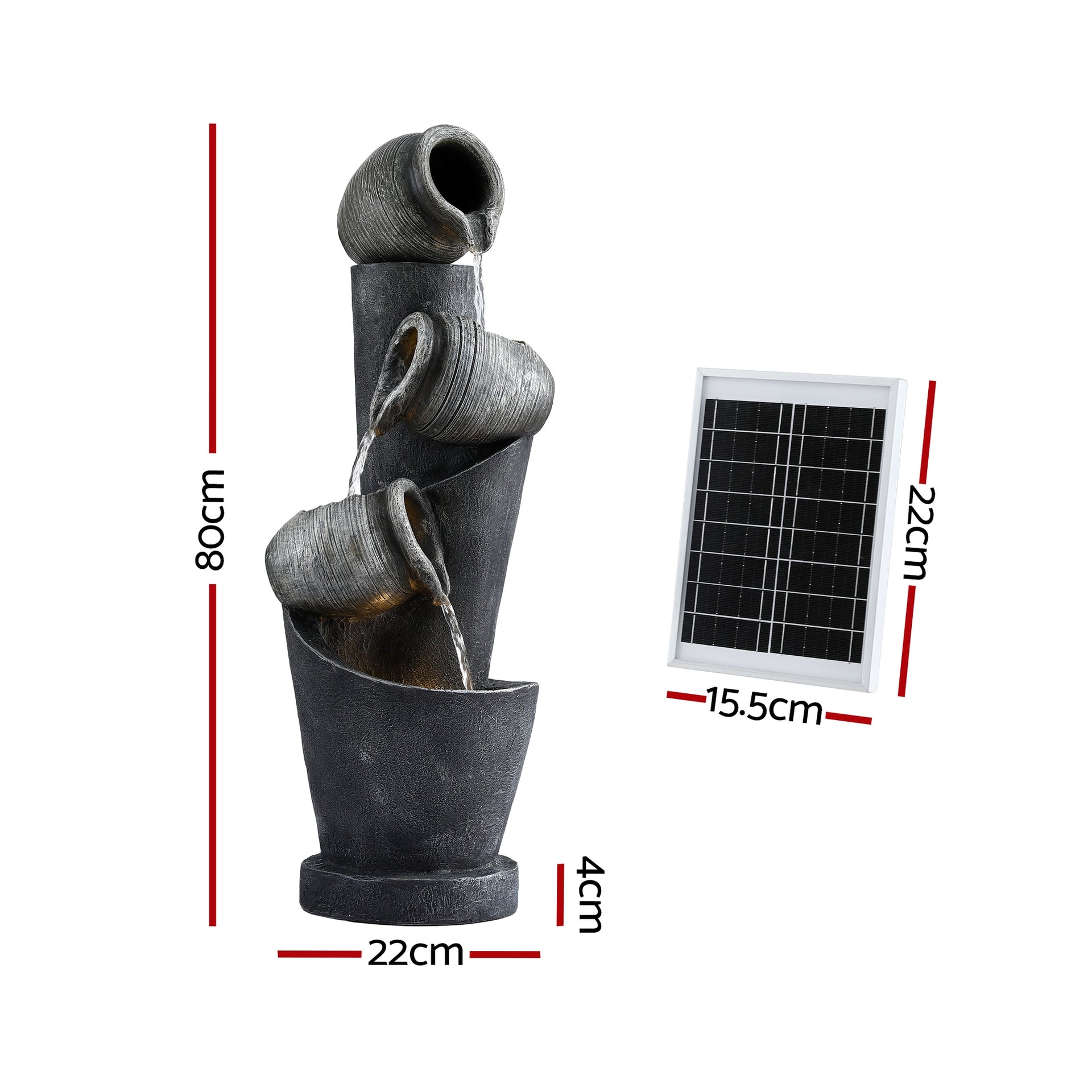 Gardeon Solar Fountain Water Feature Cascading Fountain 3-Tier Pot LED Lights 80CM Grey Awezingly