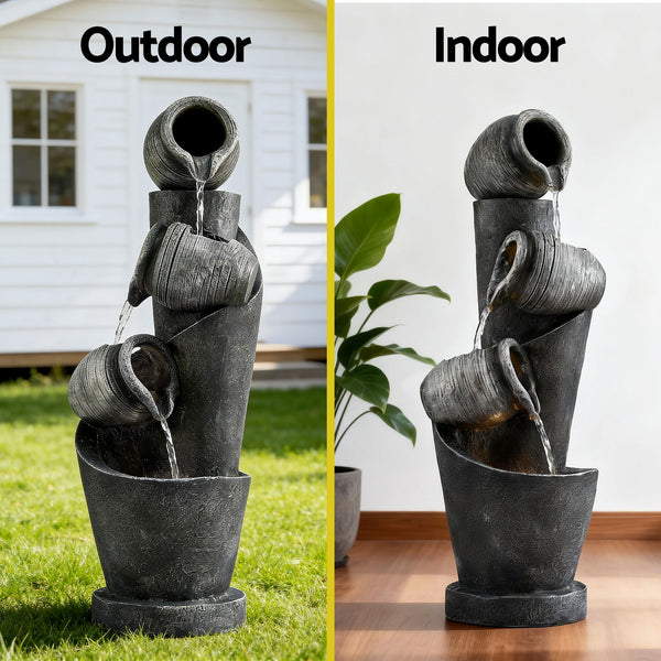 Gardeon Solar Fountain Water Feature Cascading Fountain 3-Tier Pot LED Lights 80CM Grey Awezingly