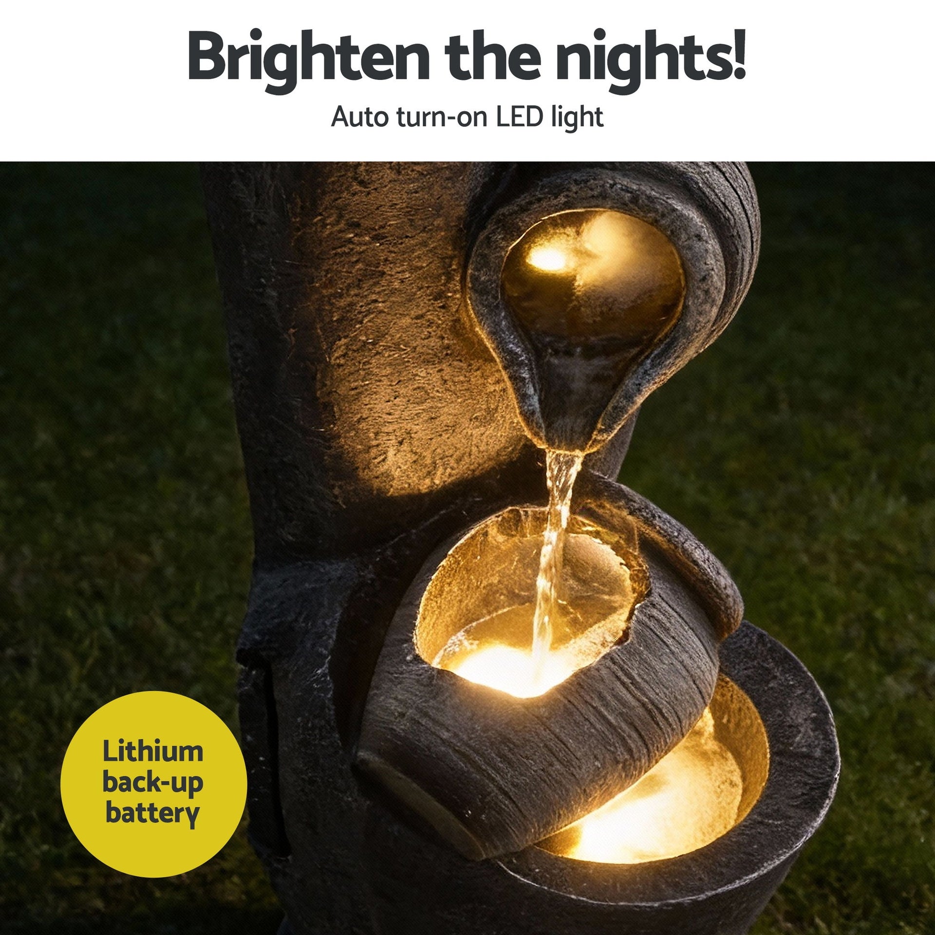 Gardeon Solar Fountain Water Feature Cascading Fountain 3-Tier Pot LED Lights 80CM Grey Awezingly