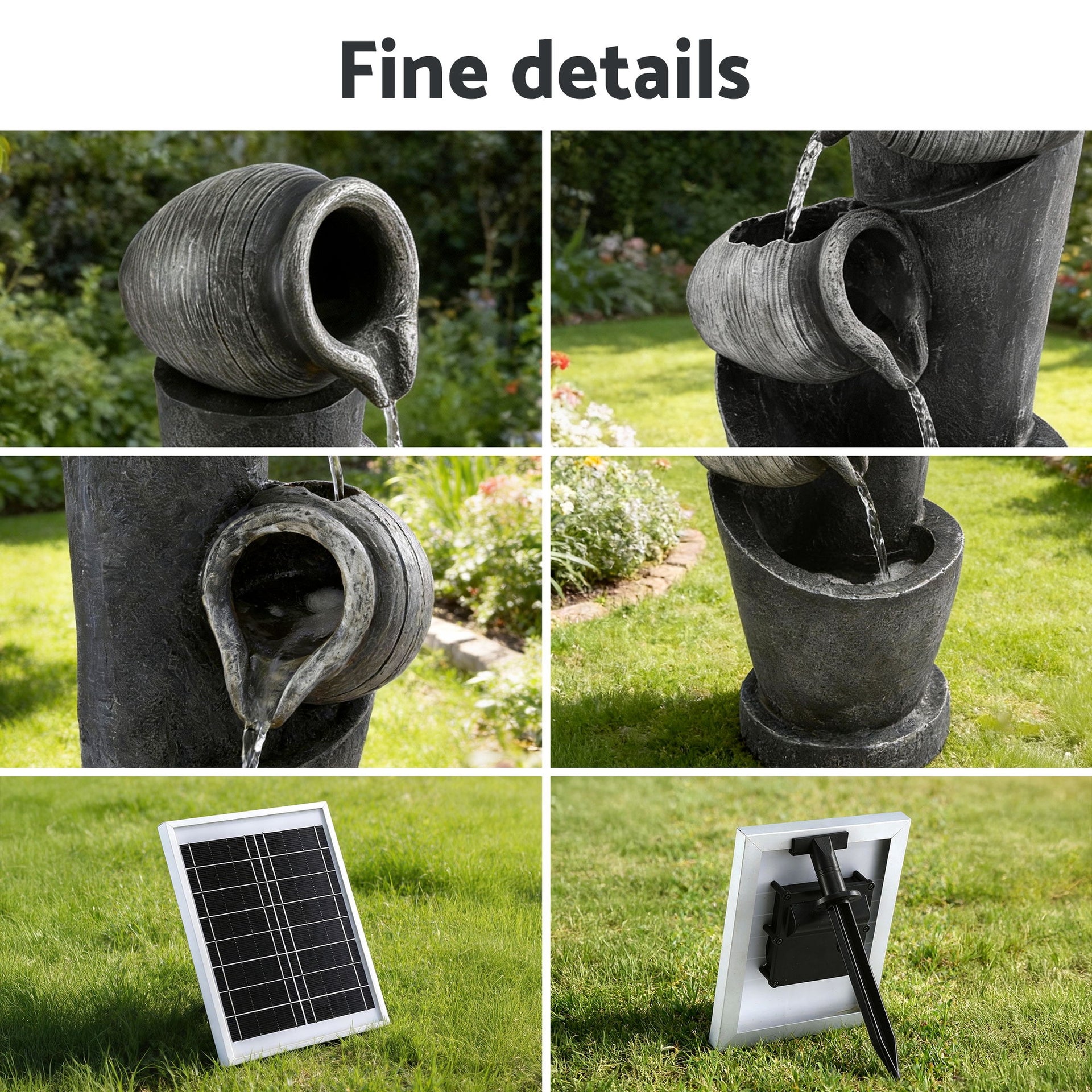 Gardeon Solar Fountain Water Feature Cascading Fountain 3-Tier Pot LED Lights 80CM Grey Awezingly